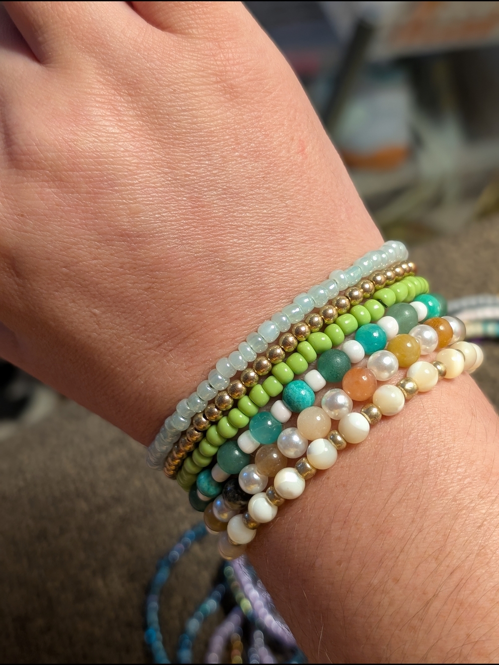 Handmade Multi Bead Stack Bracelet Set Green Turquoise Accents